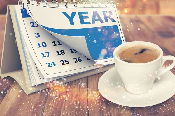 新年のご挨拶2020年 机の上のコーヒーとカレンダー — ストック写真