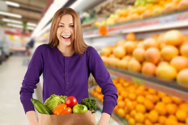 Entrega Domicilio Línea Pedidos Por Internet Concepto Compras Comestibles Mujer —  Fotos de Stock