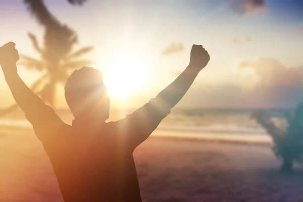 Silhouette Man Happy Hands Rise — Stock Photo, Image