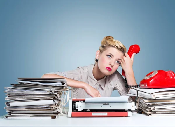 Bored Office Worker Sitting Large Stack Paperwork — Stock Photo, Image