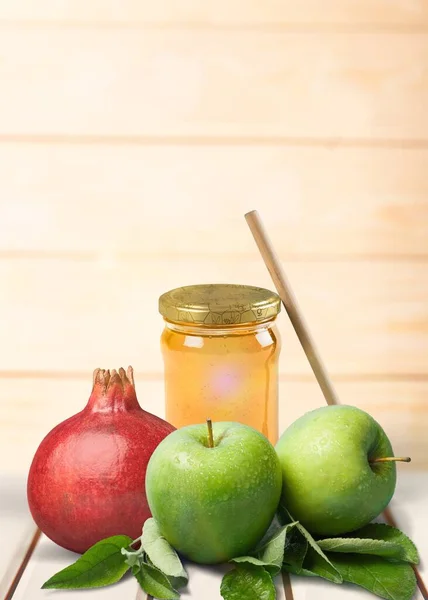 Miel Granada Manzanas Sobre Mesa Madera Rosh Hashaná Vacaciones — Foto de Stock