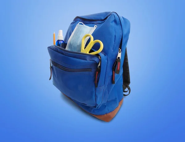 Mochila Escolar Clásica Con Diferentes Artículos Papelería Escolar Segundo Plano — Foto de Stock