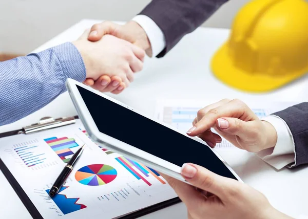 Hand Hand Project Contractors Customers Construction Repair — Stock Photo, Image
