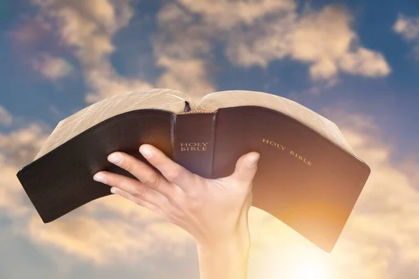 Mão Segurando Livro Bíblico Até Céu Crença Religiosa Conceito Adoração — Fotografia de Stock