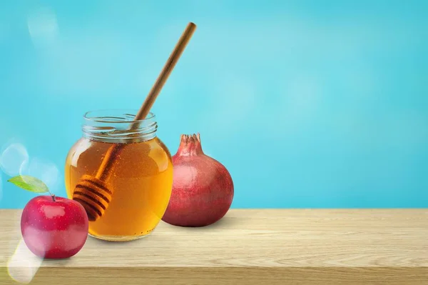 Rosh Hashanah Jewish New Year Holiday Concept Traditional Symbols Honey — Stock Photo, Image