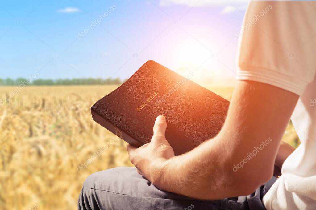 Christian human praying on the holy bible in a barley field on summer.