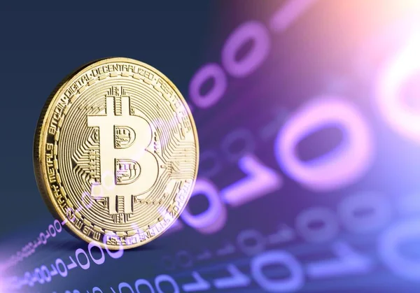 Bitcoin Con Tecnologia Codice Binario Dati Digitali Numeri — Foto Stock