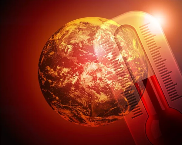 The globe is on fire, global warming, the average temperature on earth is rising in space