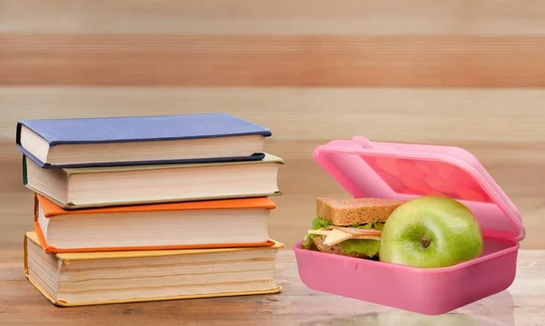 Pranzo Scolastico Sano Materiale Scolastico Uno Sfondo Legno — Foto Stock