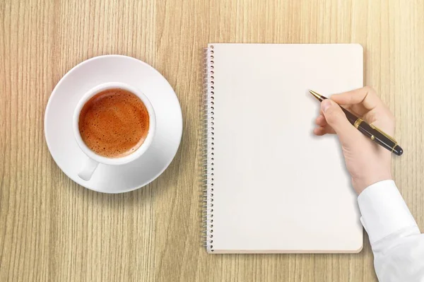 Schrijven Een Planner Een Kop Koffie Thee Met Een Schijfje — Stockfoto