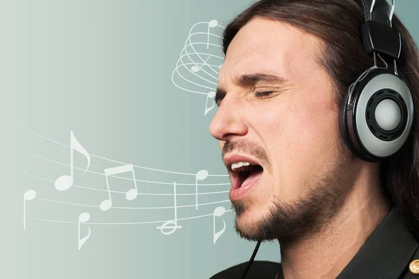 Young Man Listening Music Sing Song Record Voice — Stock Photo, Image