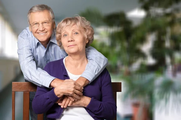 Happy Older Mature Classy Couple Hugging Thinking Good Future — Stock Photo, Image