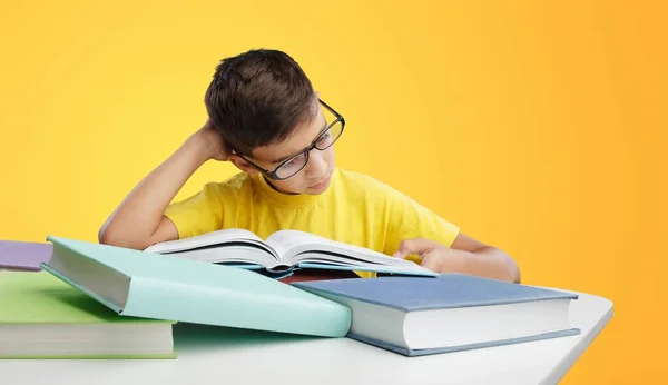 Retourne École Joyeux Petit Élève Bureau Enfant Faisant Ses Devoirs — Photo