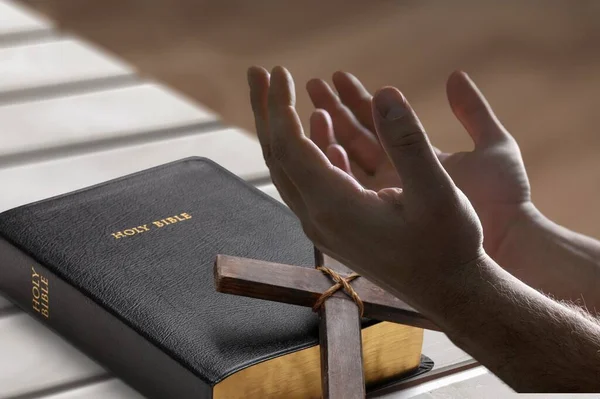 妇女的手 在室外背景下 用圣经祈求上帝赐福 — 图库照片