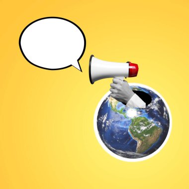 Çığlık atan gezegen. Arka planında megafon olan bir insan eli..