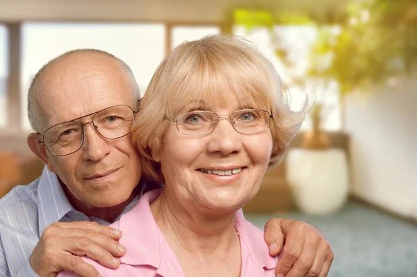 Happy Older Mature Classy Couple Hugging Thinking Good Future — Stock Photo, Image
