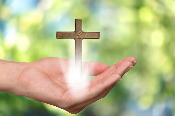 Wooden Cross Hand Open Palm Christian Man Worship Pray God — Stock Photo, Image