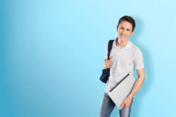 Foto Cara Feliz Legal Inteligente Segurando Computador Portátil — Fotografia de Stock