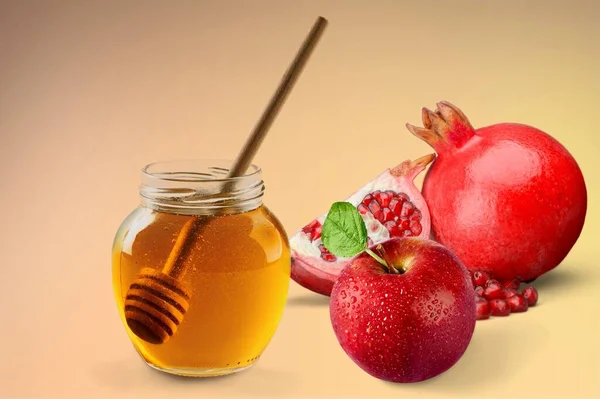 Μήλα Ρόδια Και Μέλι Χαρούμενη Rosh Hashanah Παραδοσιακή Θρησκευτική Εβραϊκή — Φωτογραφία Αρχείου