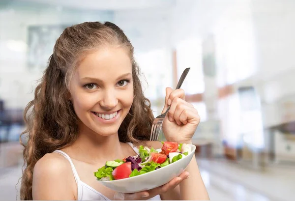 Portrait Attractive Woman Hold Salad Bowl Look Camera — Stock Photo, Image