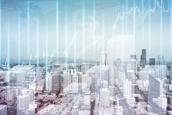 Διπλή Έκθεση Του Οικονομικού Γραφήματος Σχέδιο Στο Φόντο Cityscape Ουρανοξύστες — Φωτογραφία Αρχείου