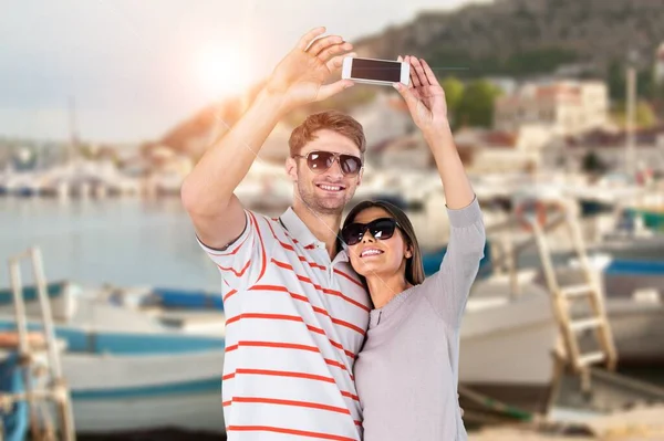 Happy Couple Having Fun Doing Selfie Summer Vacation — Stock Photo, Image