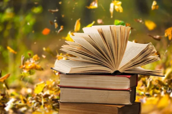 open book with autumn leaves on a wooden table