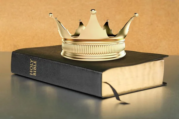 magic book with golden crown on background, close up