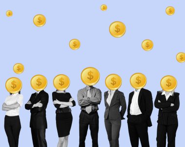 Arka planda dolar işaretleri olan iş adamları, kapatın.