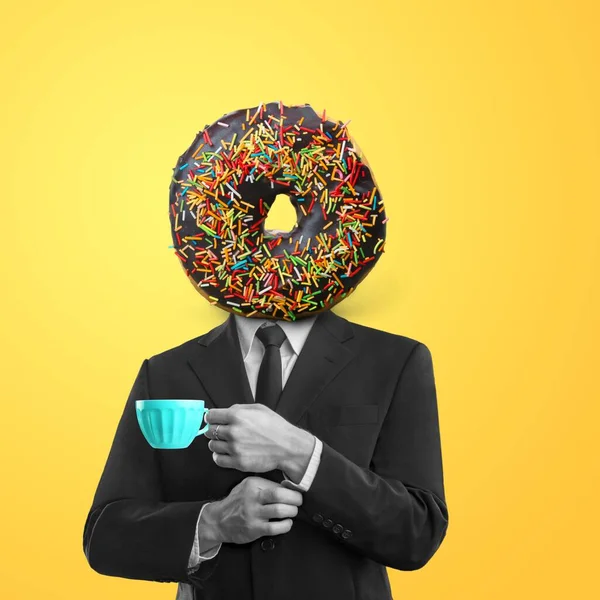 Morning Coffee Composition Male Body Headed Sweet Donut — Stock Photo, Image