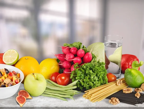 Conceito Alimentação Saudável Legumes Frescos Frutas Mesa Pedra — Fotografia de Stock