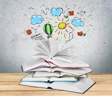 Kitap, açık, yığın.