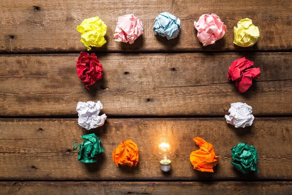 Idea, lightbulb, brainstorming.