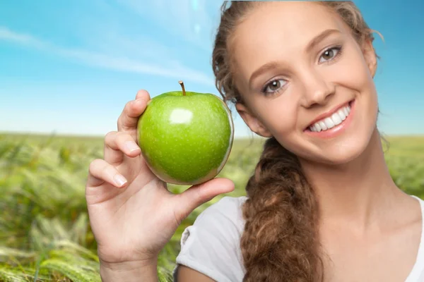 Sonriendo, Manzana, Comida . — Foto de Stock