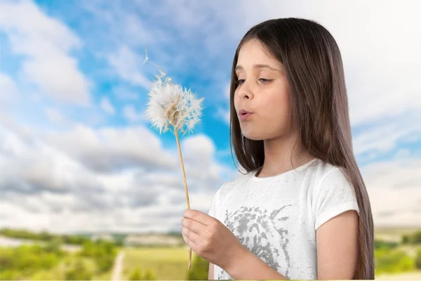 Dandelion, Blowing, Child. — Stock Photo, Image