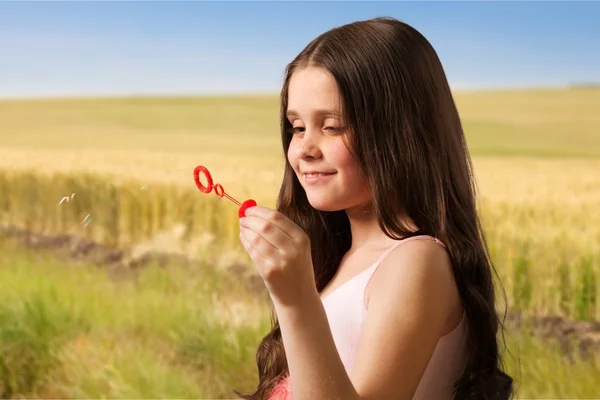 Bubble Wand, Child, Blowing. — Stock Photo, Image