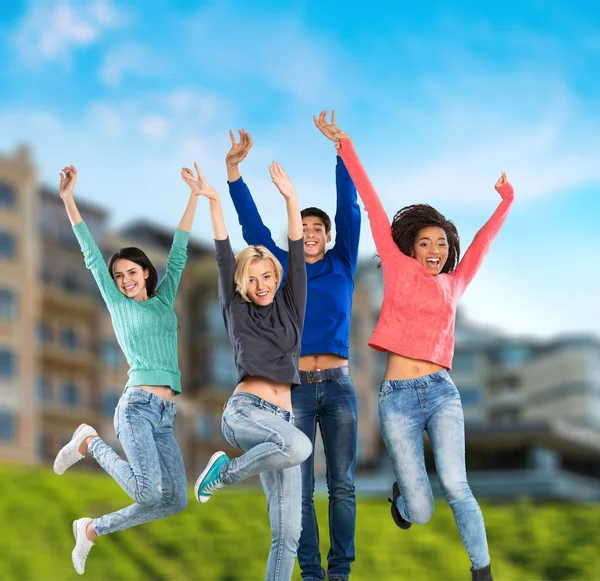 Estudante, salto, grupo . — Fotografia de Stock