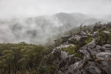 Dağdaki vadide sis ve sis var.
