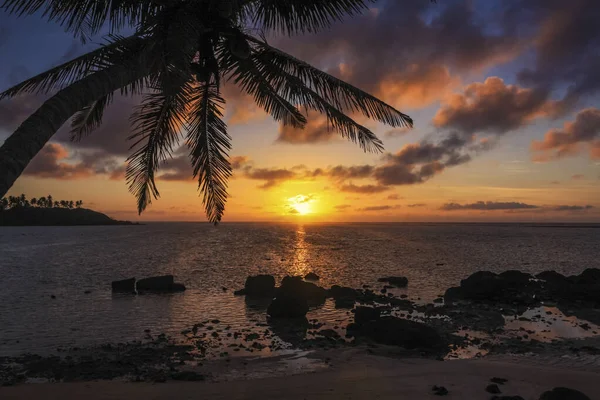 Una Puesta Sol Sobre Cuerpo Agua Junto Una Palmera Las — Foto de Stock