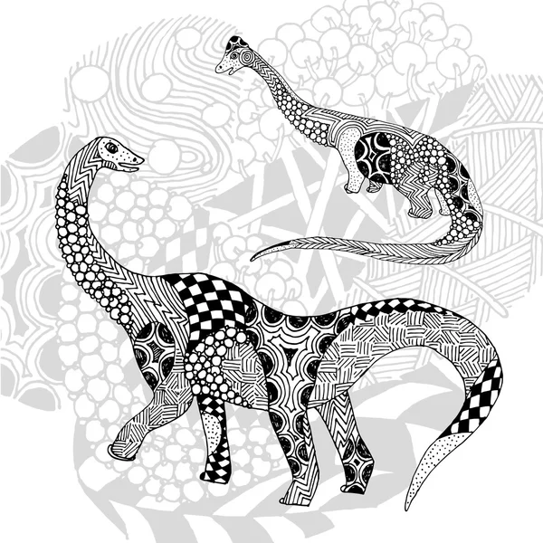 Dinosaurie med zentangle element svart & vit — Stock vektor