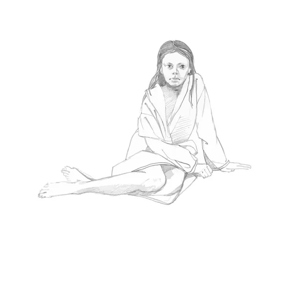 Pencil sketch of young girl in bathrobe after taking a shower - — Stockvector