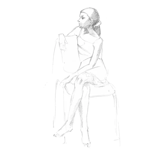 Карандашный эскиз молодой девушки, сидящей на стуле - вектор — стоковый вектор