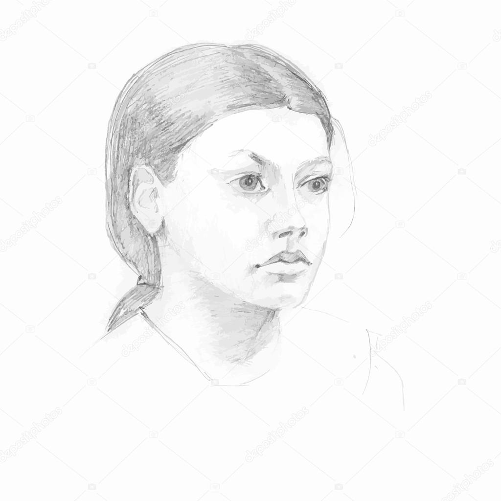 Pencil portrate of young girl - vector
