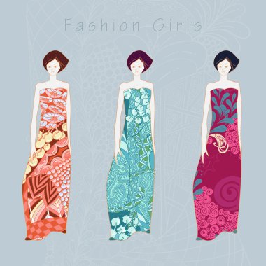 Vari içinde zentangle elemanları ile uzun elbise moda kızlar