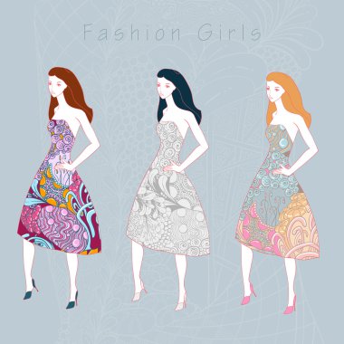 Diz-lenth moda kızlar ben zentangle elemanları ile elbise