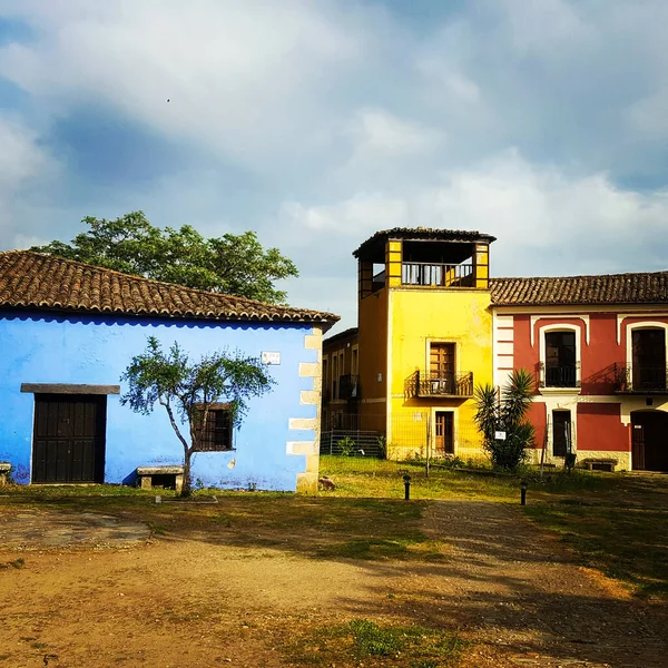 Plaza Abandoned Town Granadilla Houses Various Colors — Stock Photo, Image