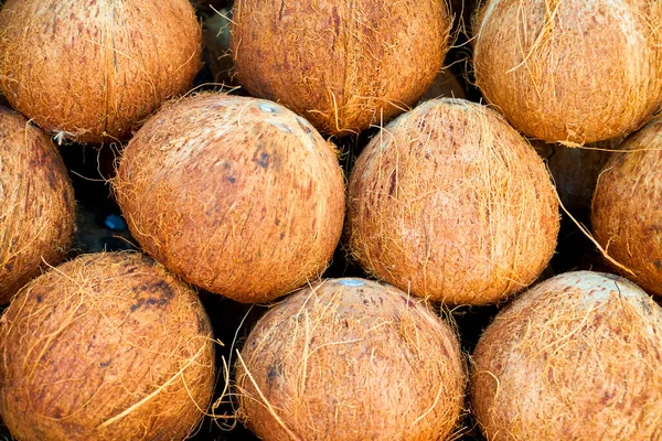 Ensemble Noix Coco Naturelles Exposées Sur Marché Vendre — Photo