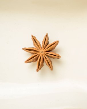 Yakın çekim, tek, kurumuş yıldız anason (Illicium verum) kapsülünün yukarıdan aşağıya, hafif desenli, soluk beyaz arkaplana karşı izole edilmiş bir görüntüsü. Görüntü kendine özgü yıldız şeklini, koyu kahverengi rengi ve baharatın tırtıklı dokusunu vurgular. Mükemmel.
