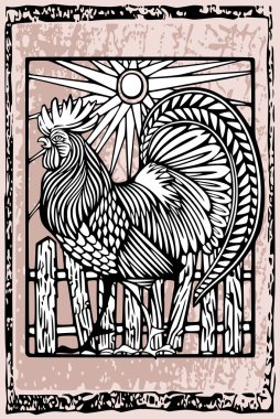 Rooster in woodcut ethnic style clipart
