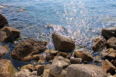 Lovran, deniz kıyısındaki kayalar, Kvarner körfezi, Adriyatik kıyıları, Hırvatistan, Avrupa